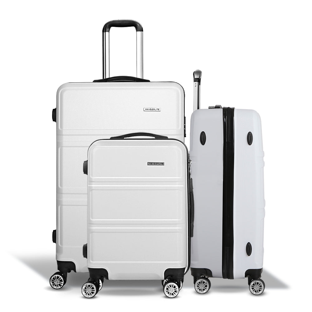 WanderWave 3pc Luggage Trolley Set Suitcase Travel TSA Hard Case White