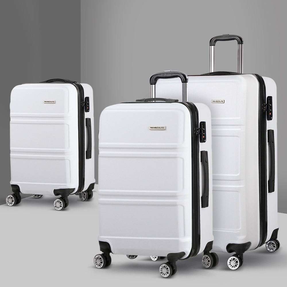 WanderWave 3pc Luggage Trolley Set Suitcase Travel TSA Hard Case White