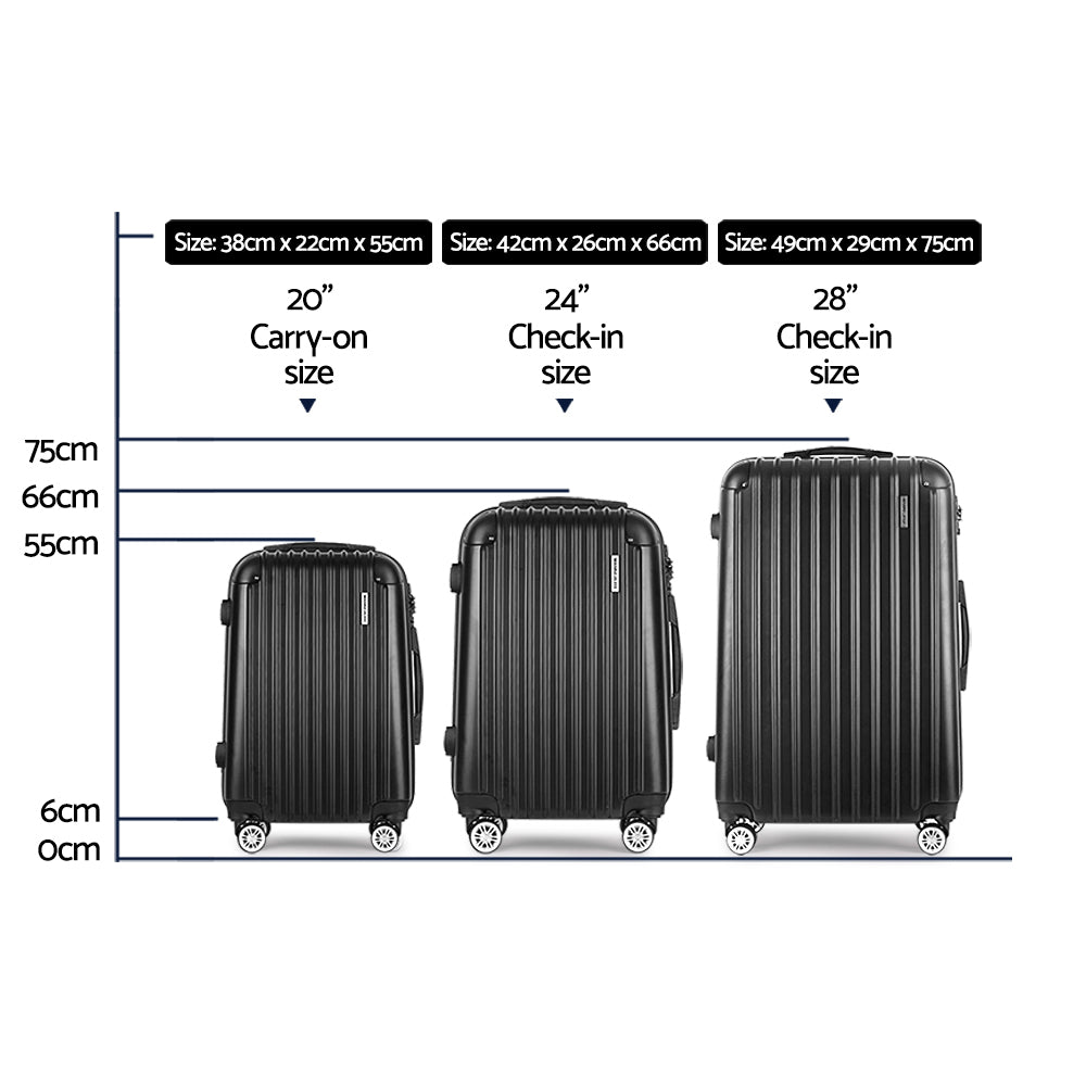 WanderWave 3pcs Luggage Set Travel Suitcase Storage Organiser TSA Black