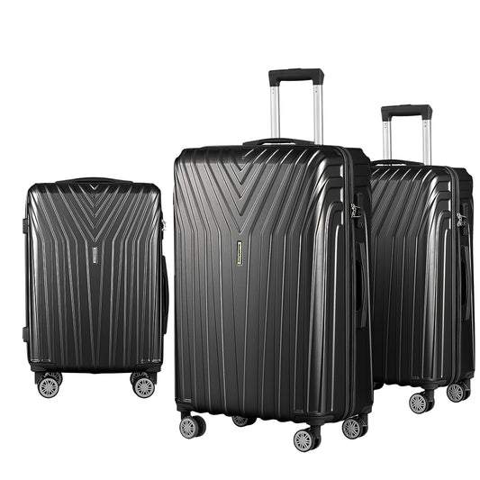 WanderWave 3pc Luggage Trolley Suitcase Sets Travel TSA Hard Case Black