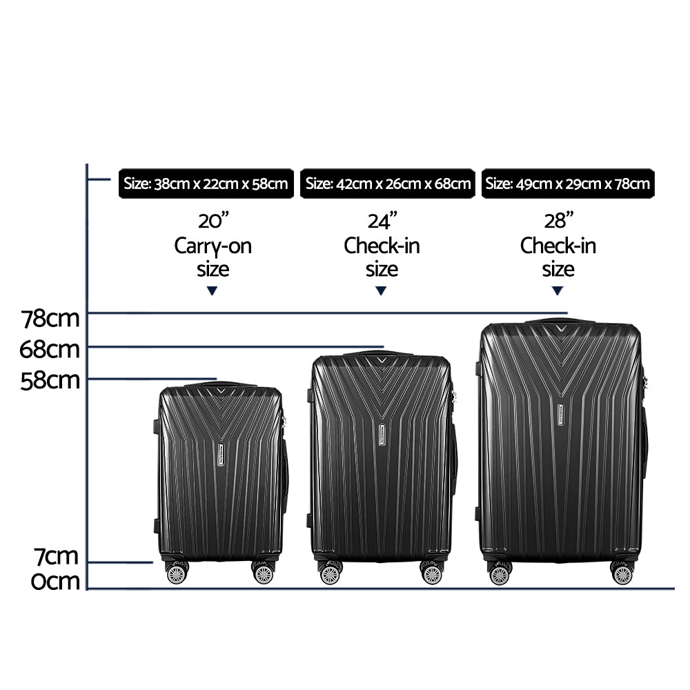 Swiss 3pc Luggage Trolley Suitcase Sets Travel TSA Hard Case Black