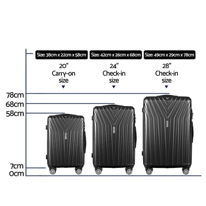 Swiss 3pc Luggage Trolley Suitcase Sets Travel TSA Hard Case Black