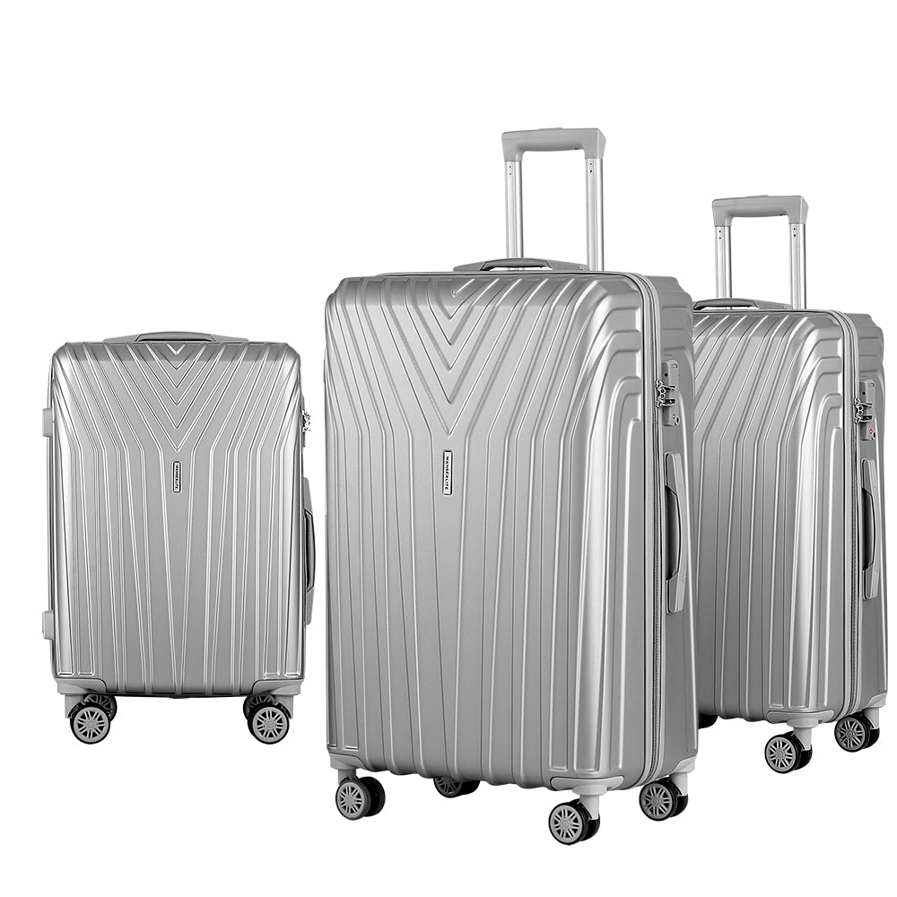 WanderWave 3pc Luggage 20'' 24'' 28'' Trolley Suitcase Sets Travel TSA Hard Case Lightweight Silver