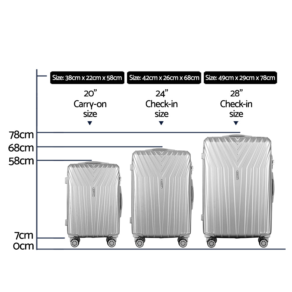 WanderWave 3pc Luggage 20'' 24'' 28'' Trolley Suitcase Sets Travel TSA Hard Case Lightweight Silver