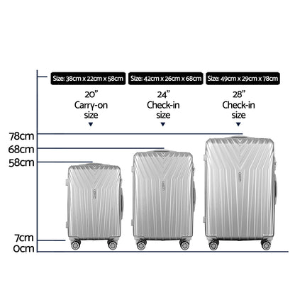 WanderWave 3pc Luggage 20'' 24'' 28'' Trolley Suitcase Sets Travel TSA Hard Case Lightweight Silver