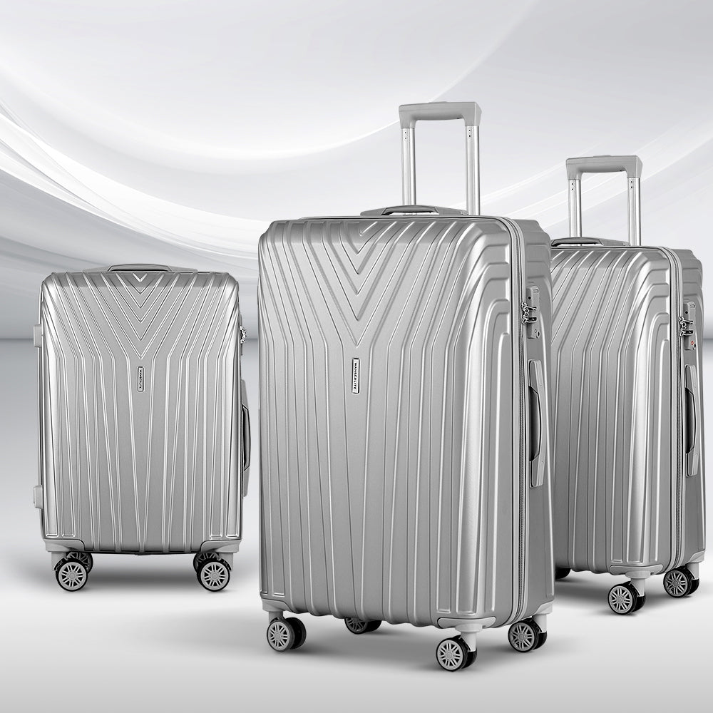 WanderWave 3pc Luggage 20'' 24'' 28'' Trolley Suitcase Sets Travel TSA Hard Case Lightweight Silver