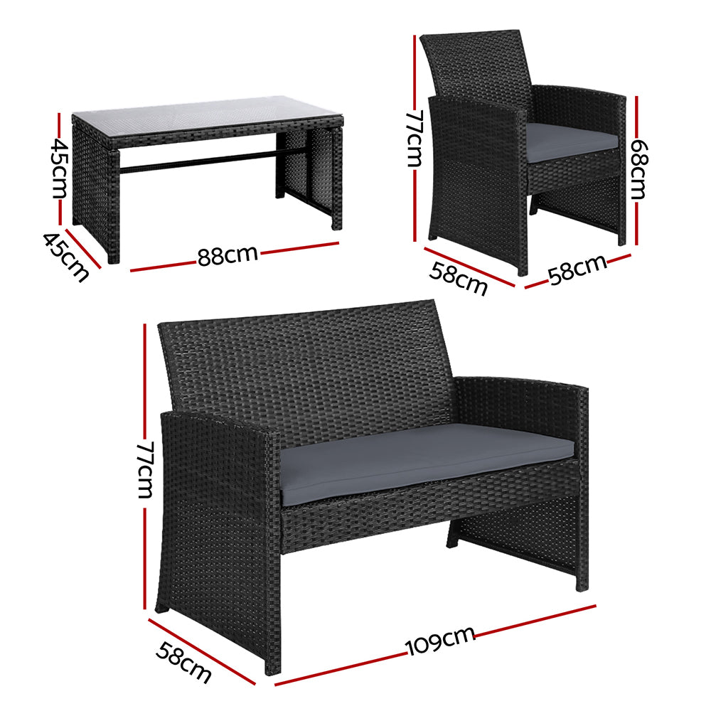 Gardeon 4 PCS Outdoor Lounge Setting Wicker Sofa Set Garden Furniture Black