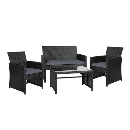 Gardeon 4 PCS Outdoor Lounge Setting Wicker Sofa Set Black Storage Cover