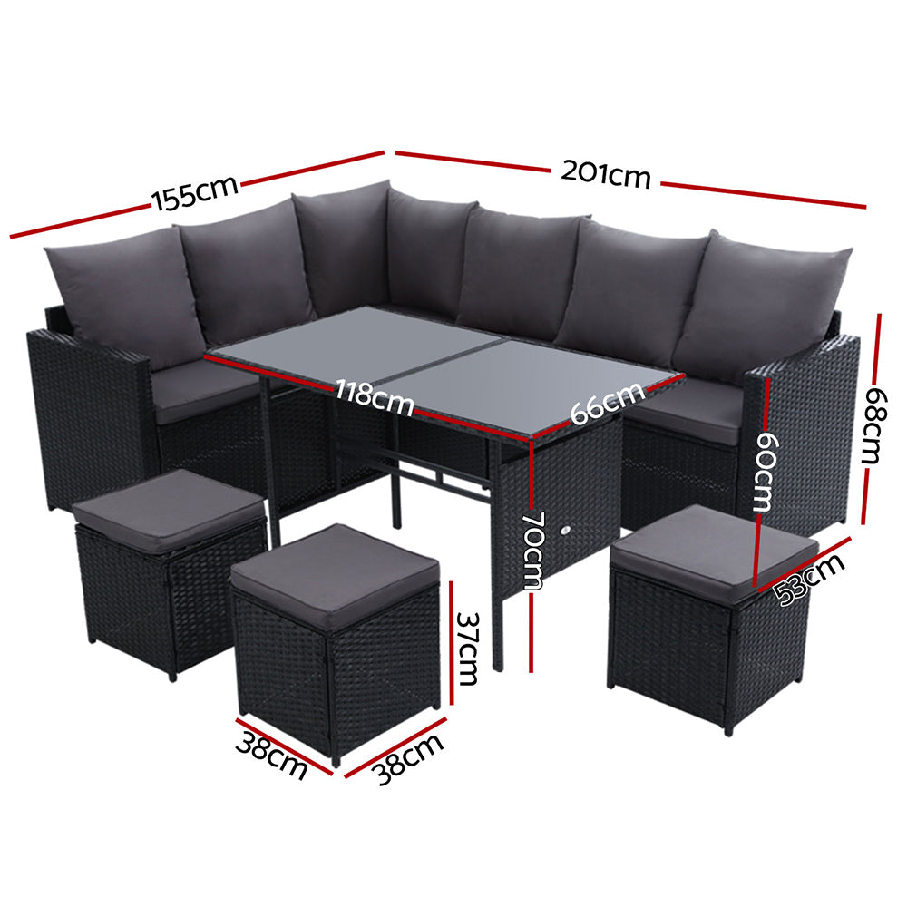 Gardeon Outdoor Dining Set Sofa Lounge Setting Chairs Table Ottoman Black Cover