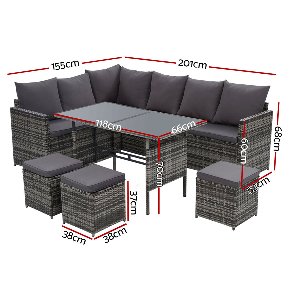 Gardeon Outdoor Furniture Dining Setting Sofa Set Lounge Wicker 9 Seater Mixed Grey