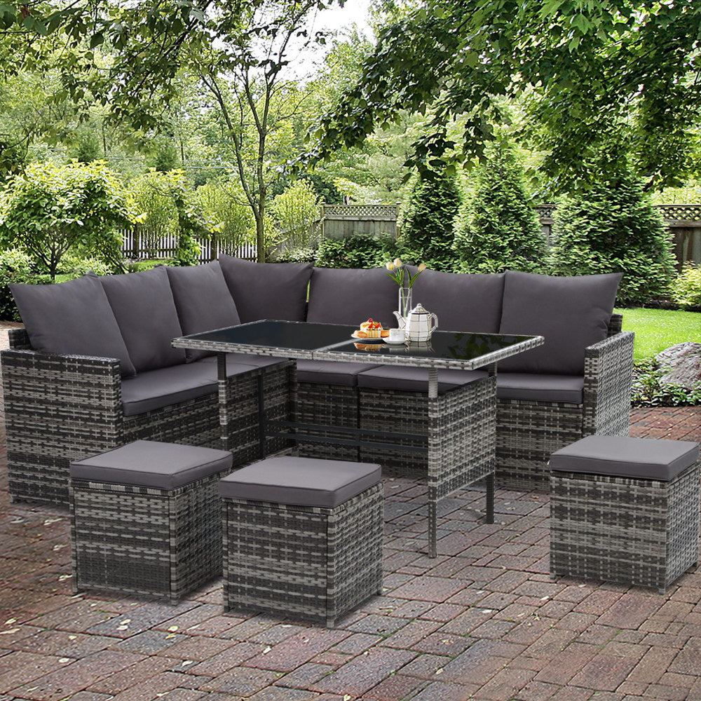 Gardeon Outdoor Dining Set Sofa Lounge Setting Chairs Table Ottoman Grey Cover