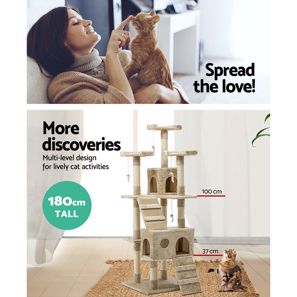 Cat Tree 180cm Trees Scratching Post Scratcher Tower Condo House Furniture Wood Beige