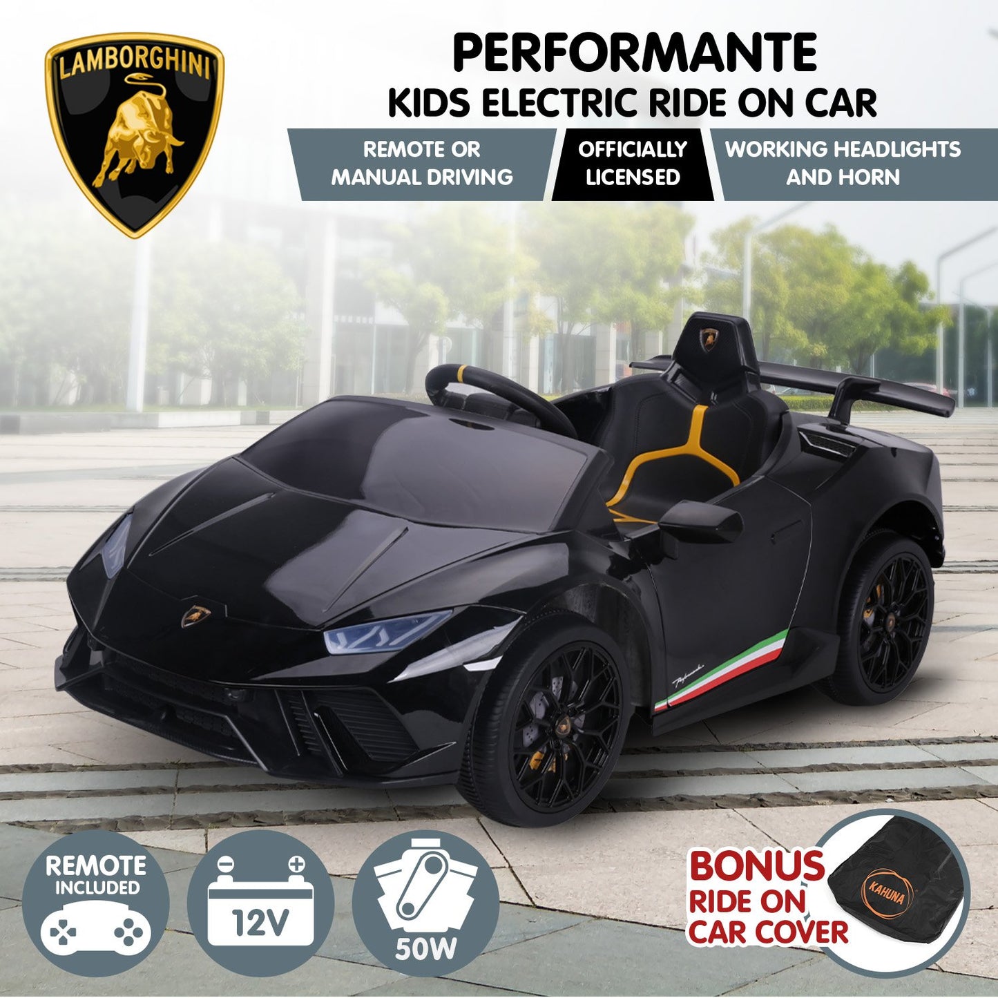 Kahuna Lamborghini Performante Kids Electric Ride On Car Remote Control - Black