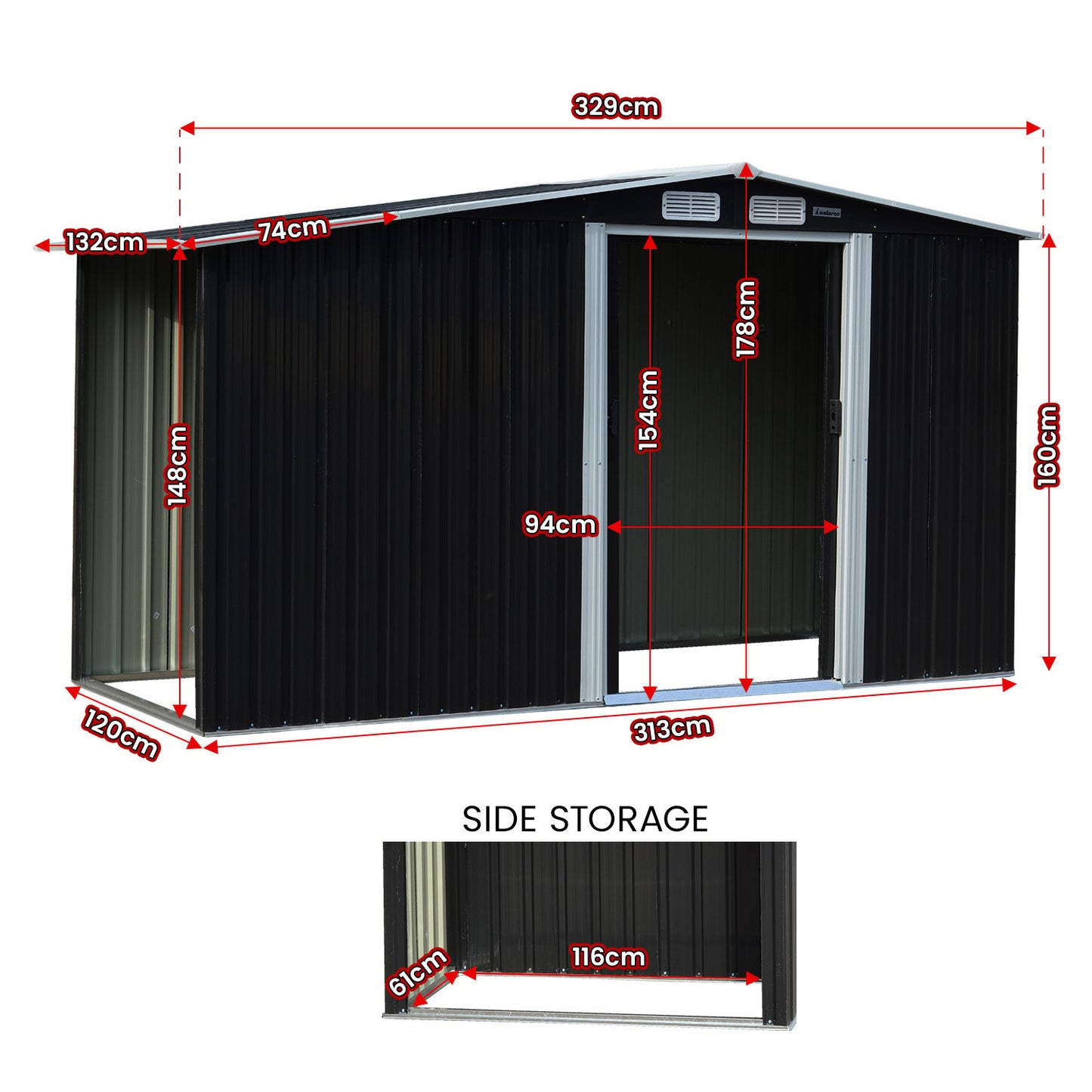 Wallaroo Garden Shed with Semi-Close Storage 4*8FT - Black