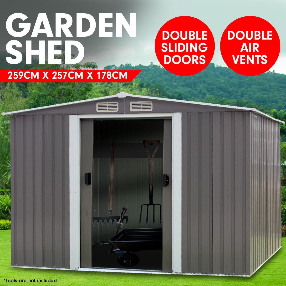 Wallaroo Garden Shed Spire Roof 8ft x 8ft Outdoor Storage Shelter - Grey