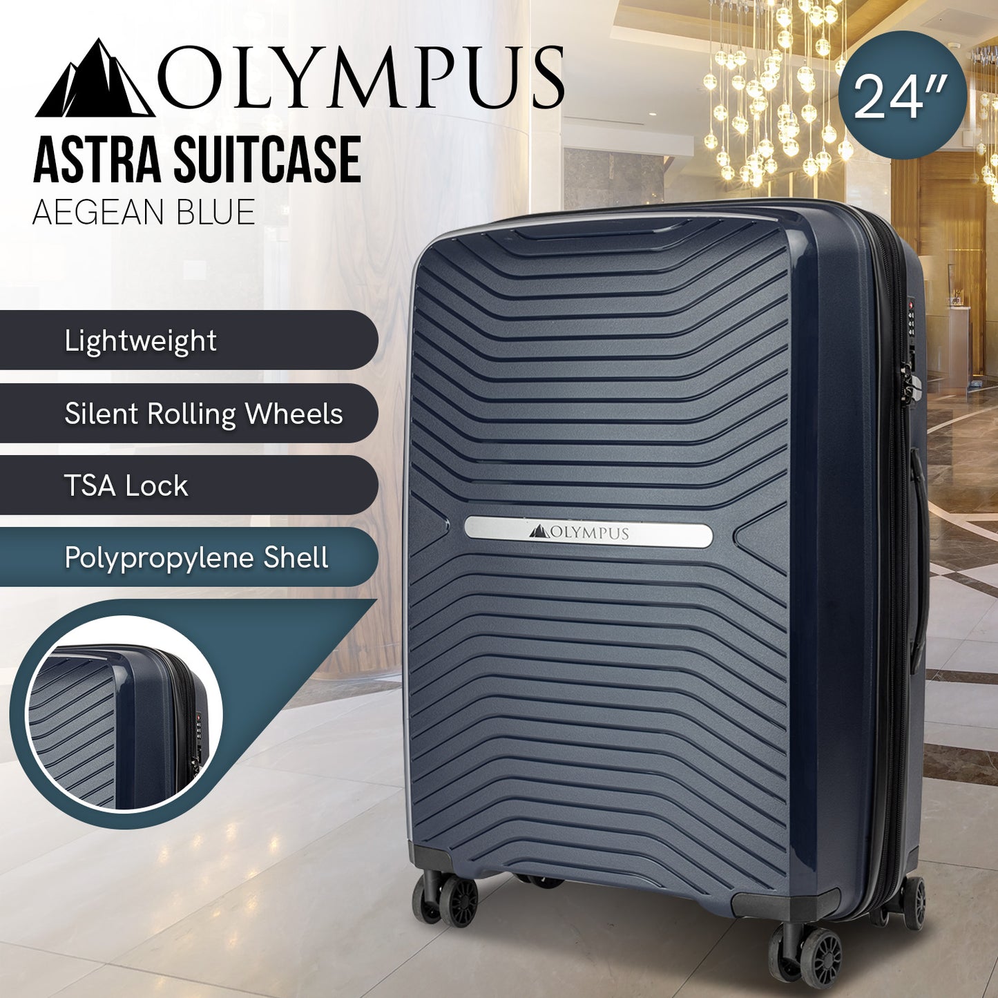 TravelElite Astra 24in Lightweight Hard Shell Suitcase - Aegean Blue