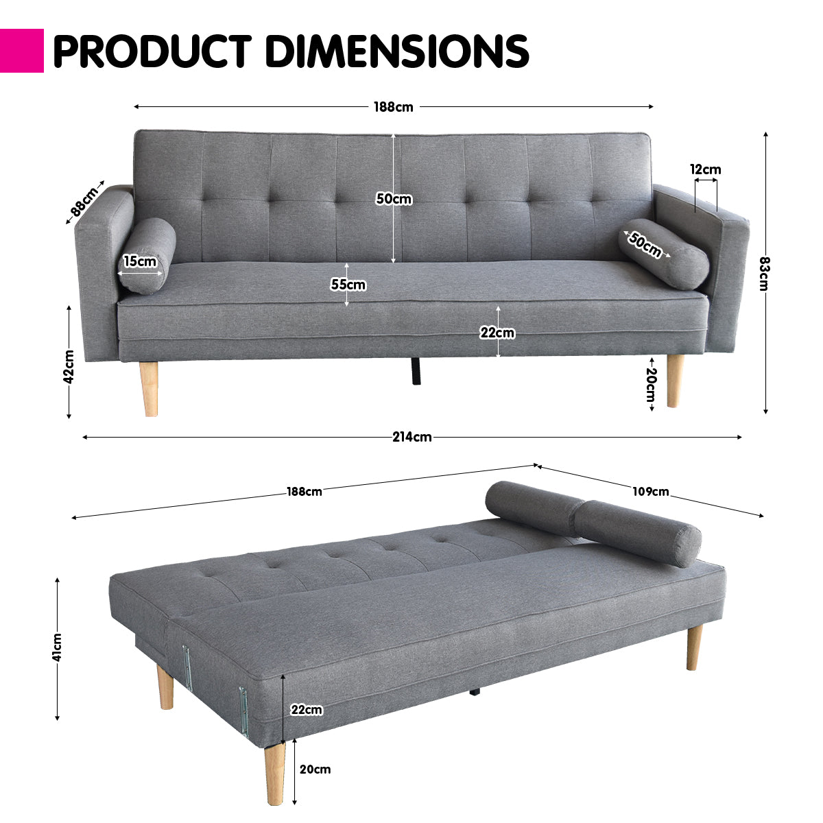 Sarantino Madison Sofa Bed Lounge Couch Futon Furniture Home Light Grey Linen Suite