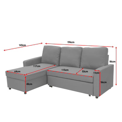 Swiss 3-seater Corner Sofa Bed With Storage Lounge Chaise Couch - Light Grey