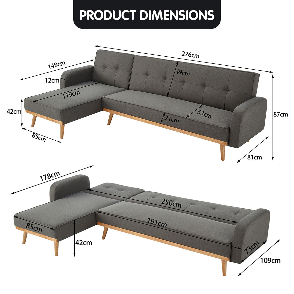 Sarantino 3-Seater Corner Sofa Bed with Chaise Lounge - Dark Grey