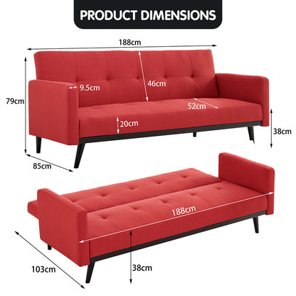 Sarantino Tufted Faux Linen 3-Seater Sofa Bed with Armrests - Red