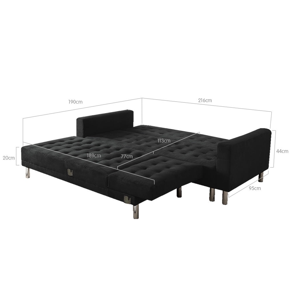 Sarantino Faux Velveteen Corner Wooden Sofa Bed Couch with Chaise Black