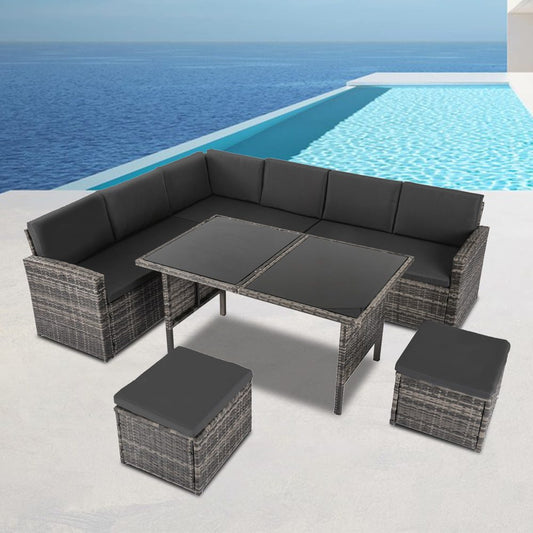 Ella 8-Seater Modular Outdoor Garden Lounge and Dining Set with Table and Stools in Dark Grey Weave