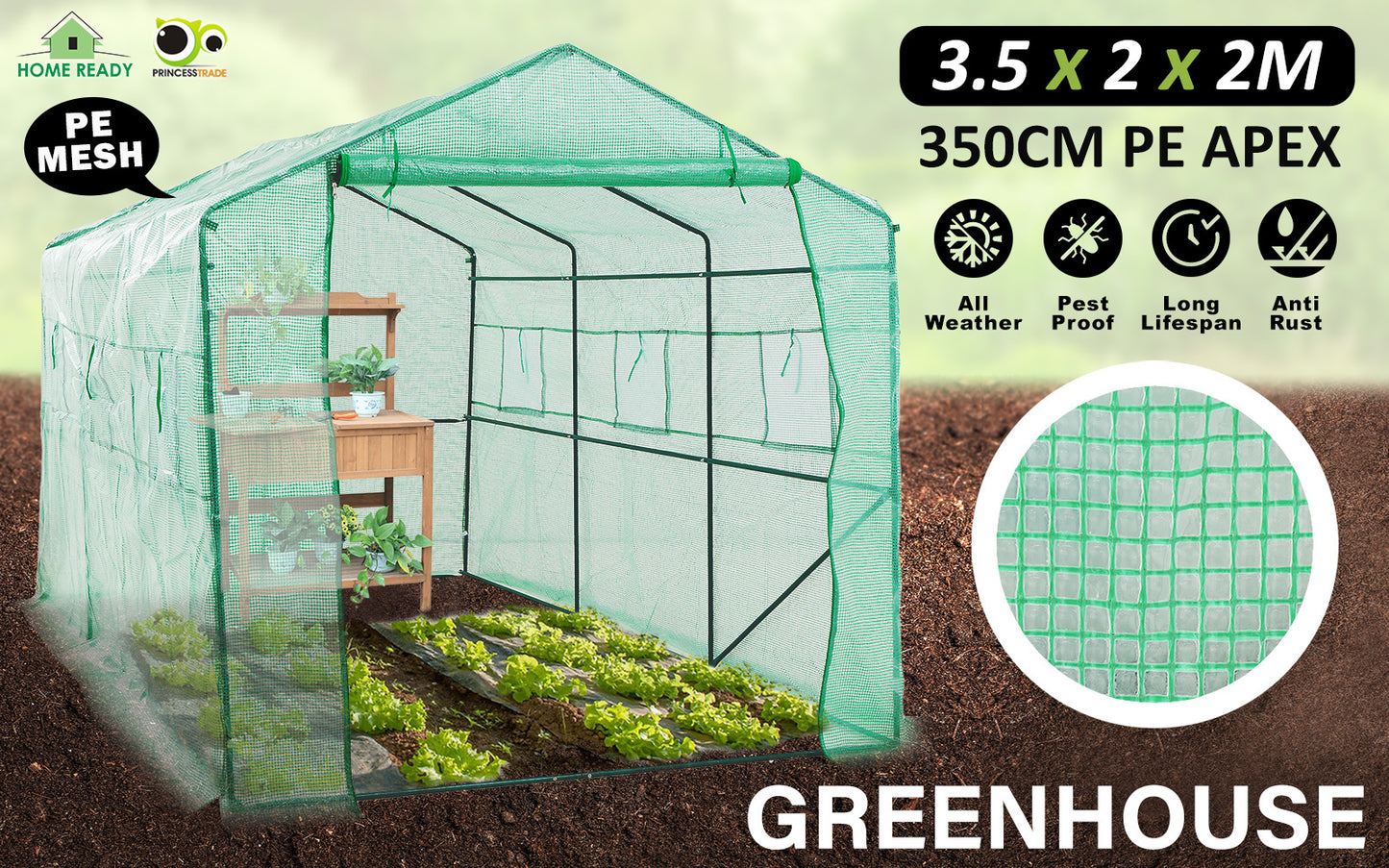 Home Ready Apex 3.5x2x2M Garden Greenhouse Walk-In Shed PE