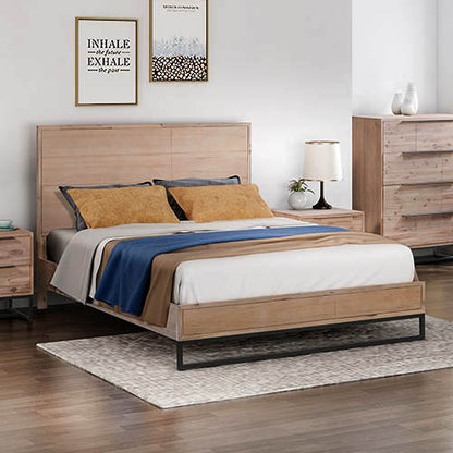 King size Bed Frame Solid Wood Acacia Veneered Bedroom Furniture Steel Legs