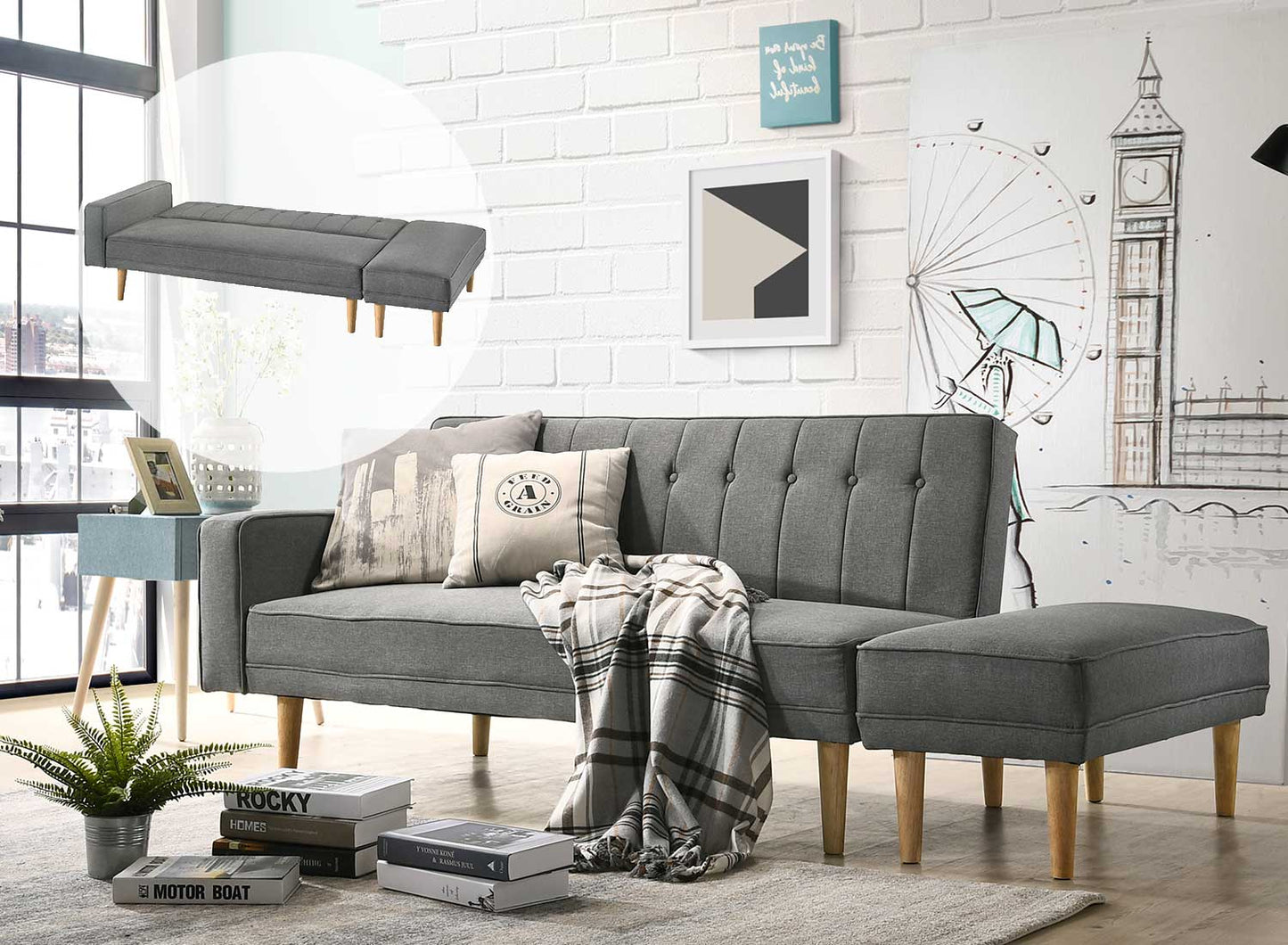 3 Seater Fabric Sofa Bed with Ottoman - Light Grey